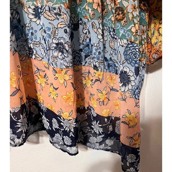 New Directions Womens XL Floral Patchwork Babydoll Blouse V-Neck Boho Lace Trim - Picture 6 of 7
